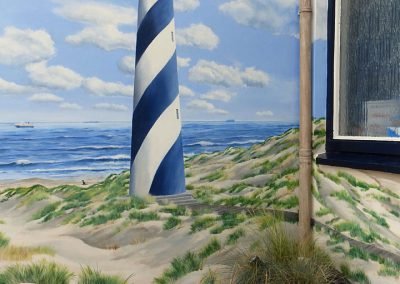 Muurschildering trompe-l'oeil zeegezicht, vuurtoren