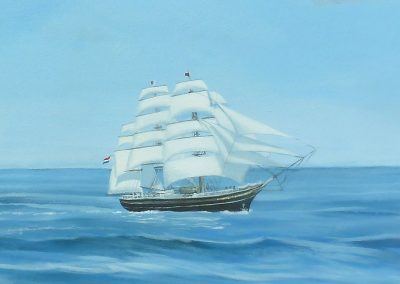 Muurschildering trompe-l'oeil zeegezicht, zeilschip, driemaster