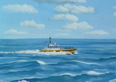 Muurschildering trompe-l'oeil zeegezicht, loodsboot