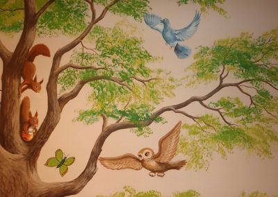 muurschildering kinderkamer boom dieren bos