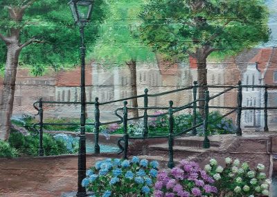 muurschildering landschap gracht met brug