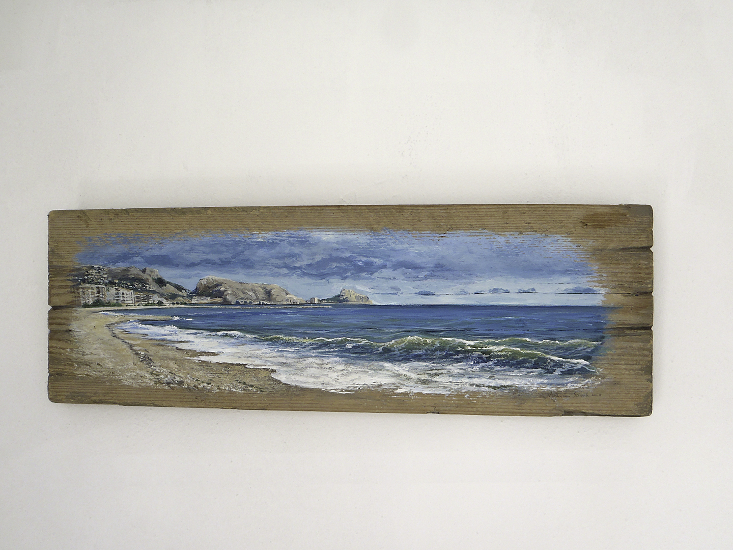 Schilderijen op steigerhout, de zee de Costa Blanca.